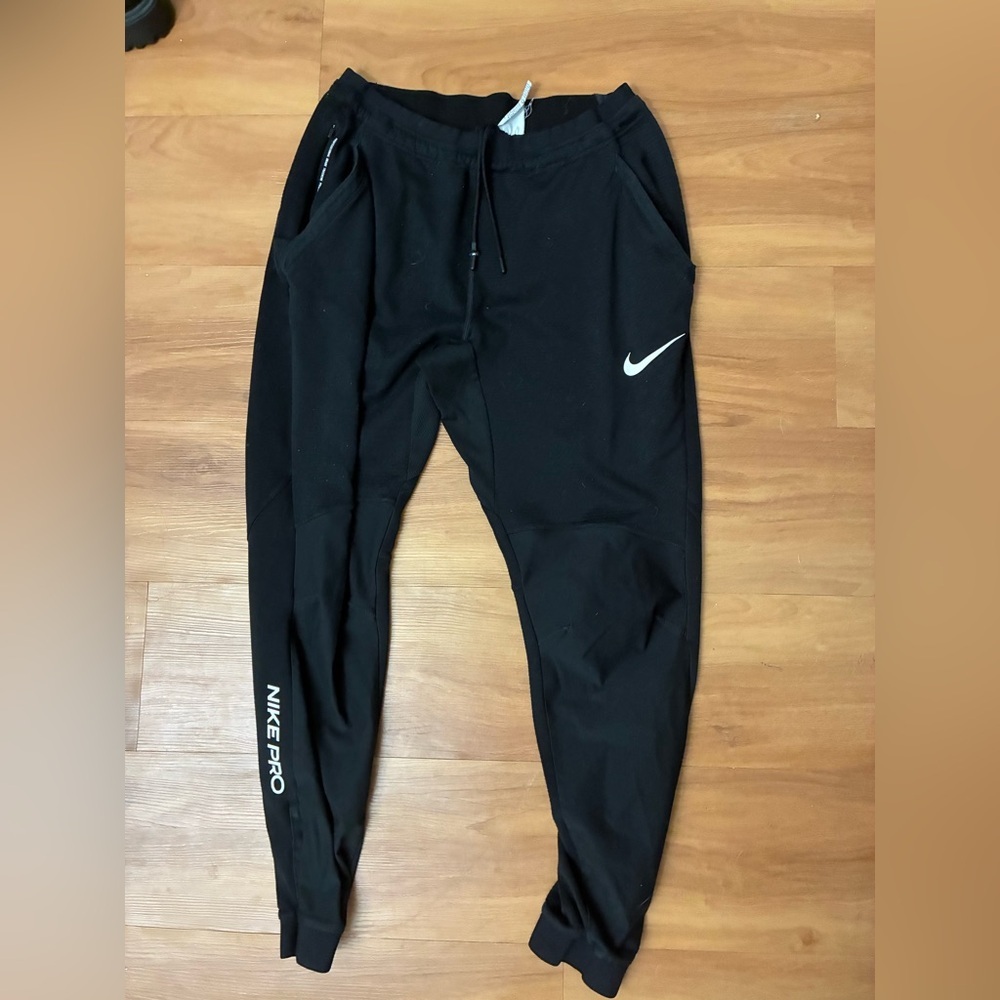 Nike Black Joggers with White Swoosh and NIKE PRO Leg Logo Size M